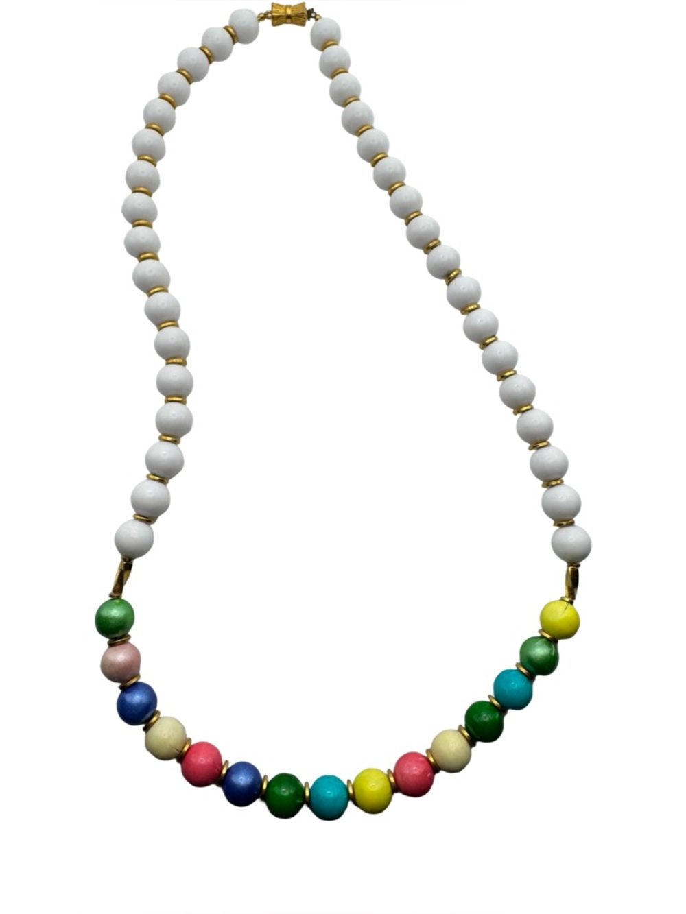 Vintage White Bead Necklace Multicolor Wood‎ Bead Accents Gold Tone Spacers